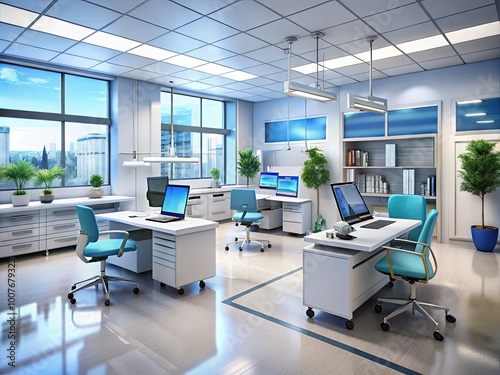 Modern Nurses Station in a Busy Hospital with Advanced Technology and Organized Workspaces