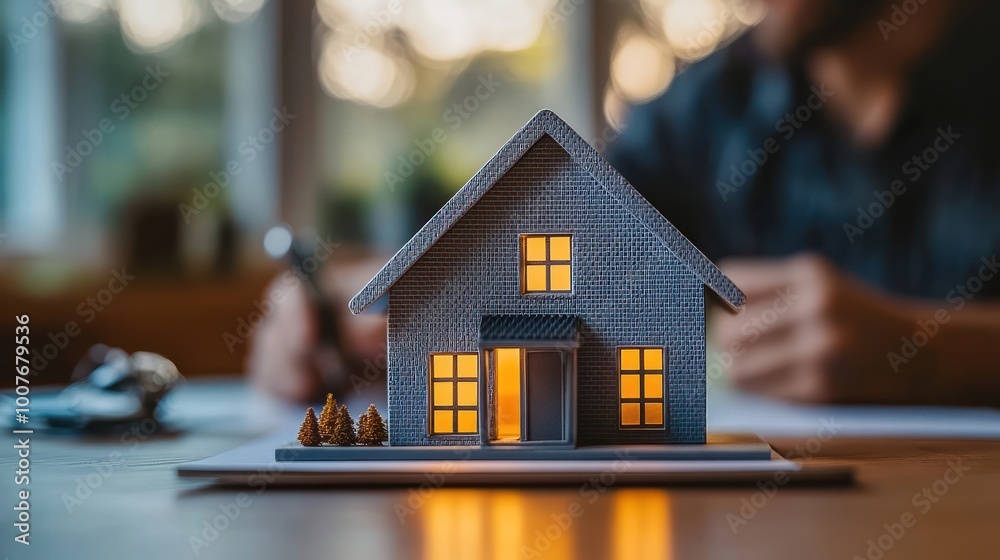 A small model house with lit windows sits on a desk with a blurred person in the background. A small model house with lit windows sits on a desk with a blurred person in the background.