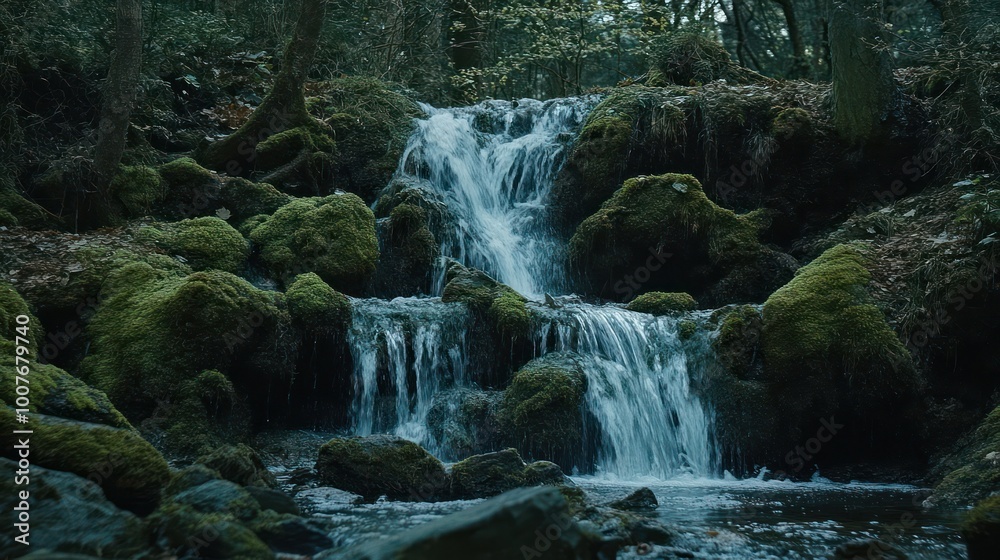 Fototapeta premium A small waterfall cascades down moss-covered rocks in a lush forest setting.