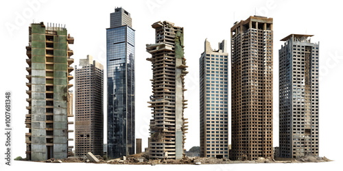 Set of ruined skyscrapers isolated on white background as transparent, PNG .AI GENERATED