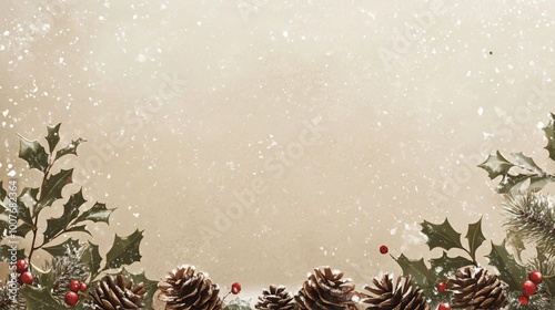 Festive winter background with pine cones, holly, and snow.