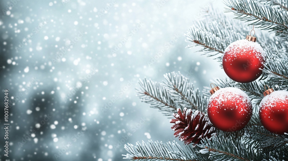 Obraz premium Snowy Pine Branch with Red Christmas Ornaments