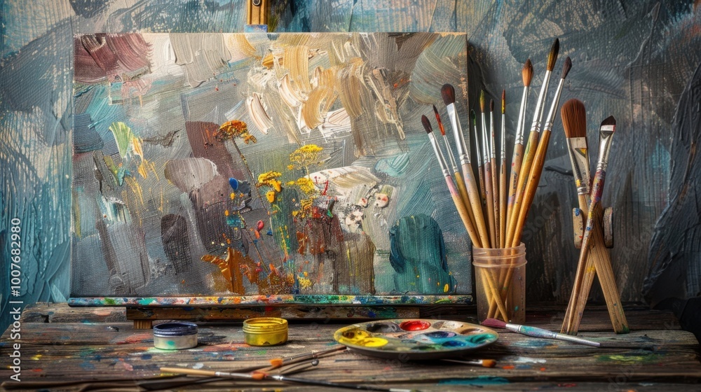 Fototapeta premium Colorful Paint Palette and Brushes on Wooden Table