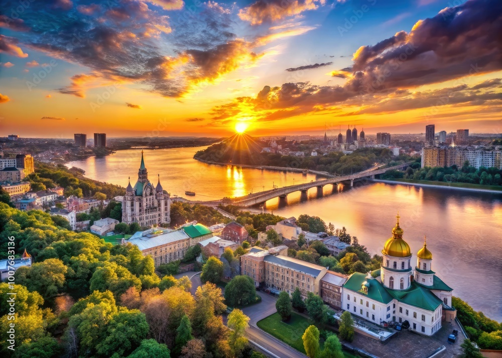 Naklejka premium Panoramic View of Kyiv Showcasing Historic Architecture and Scenic River Landscape at Sunset