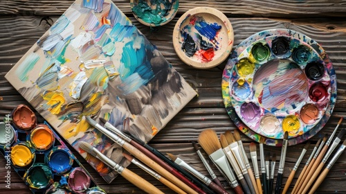 Colorful Artist Workspace with Paints and Brushes