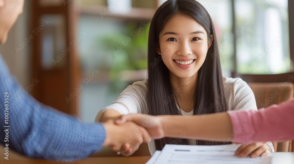 A smiling young woman shakes hands with a man in a professional setting.