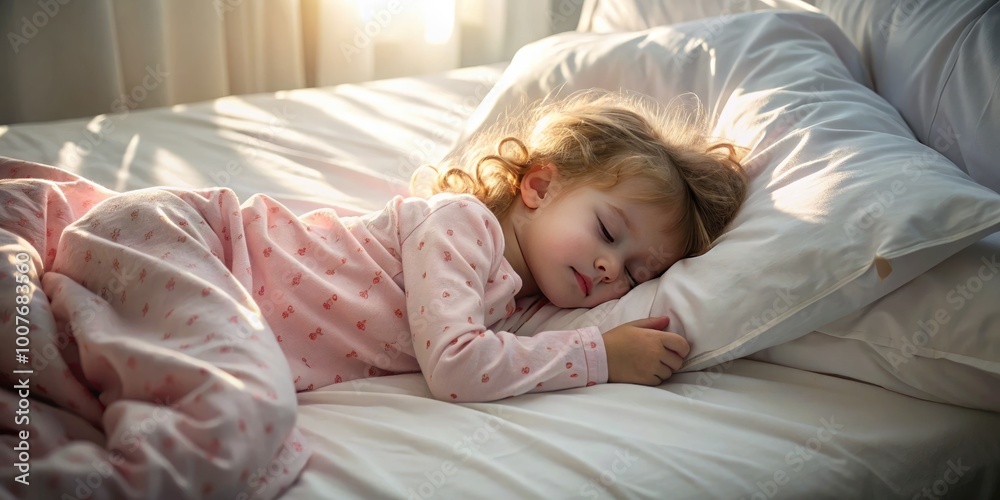Peaceful Slumber: Little Girl in Pink Pajamas Sleeping in Sunlit White Bed with Soft Bedding Peaceful Slumber: Little Girl in Pink Pajamas Sleeping in Sunlit White Bed with Soft Bedding