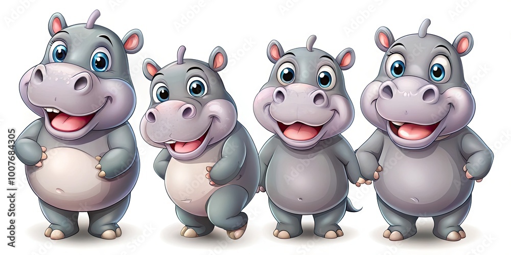 Playful Cartoon Hippo Characters in Various Fun Poses and Expressions for Children's Illustrations Playful Cartoon Hippo Characters in Various Fun Poses and Expressions for Children's Illustrations