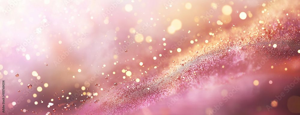 Abstract bokeh background - gold, pink blurred glitter lights, banner. AI generation. Abstract bokeh background - gold, pink blurred glitter lights, banner. AI generation.