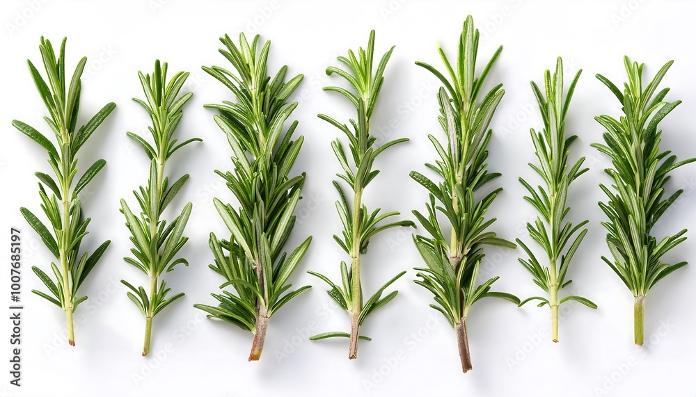 Fototapeta premium Minimalist design featuring fresh rosemary herb sprigs arranged in a row, perfect for culinary and decorative uses. Generative AI