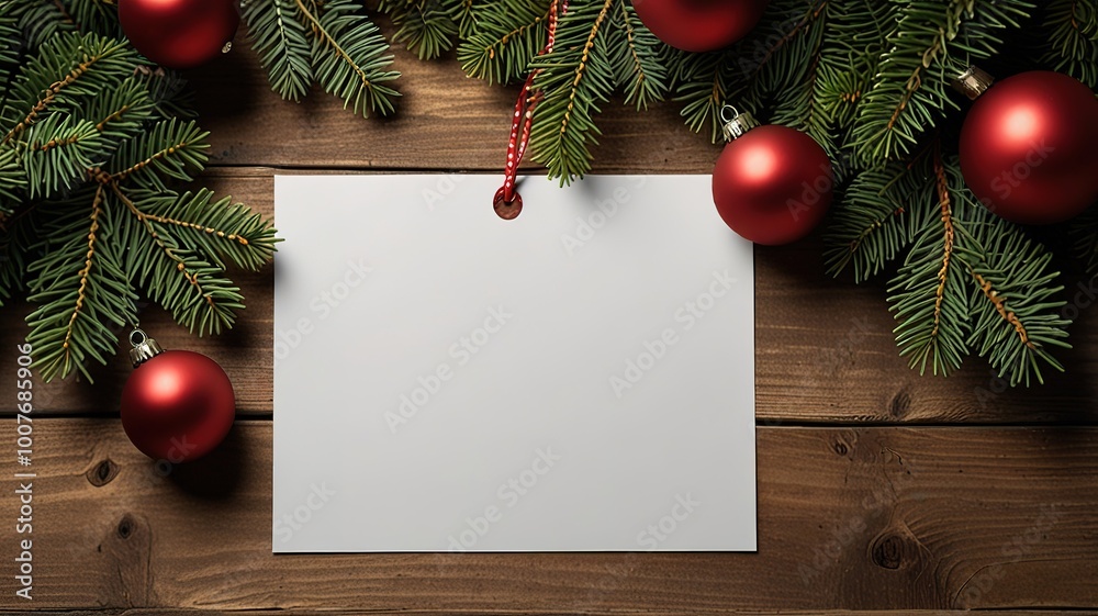 Greeting card christmas mockup with fir tree branches on dark wooden background Greeting card christmas mockup with fir tree branches on dark wooden background