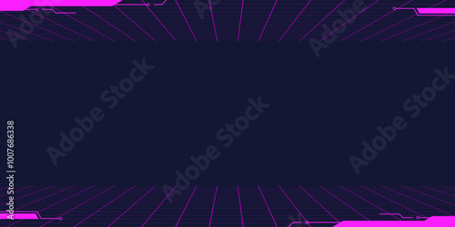 Sci-fi tech frame background with purple grid perspective. Retro tech grid with neon lines. Purple thin grid lines on dark blue background