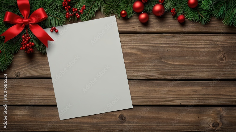 Obraz premium Greeting card christmas mockup with fir tree branches on dark wooden background