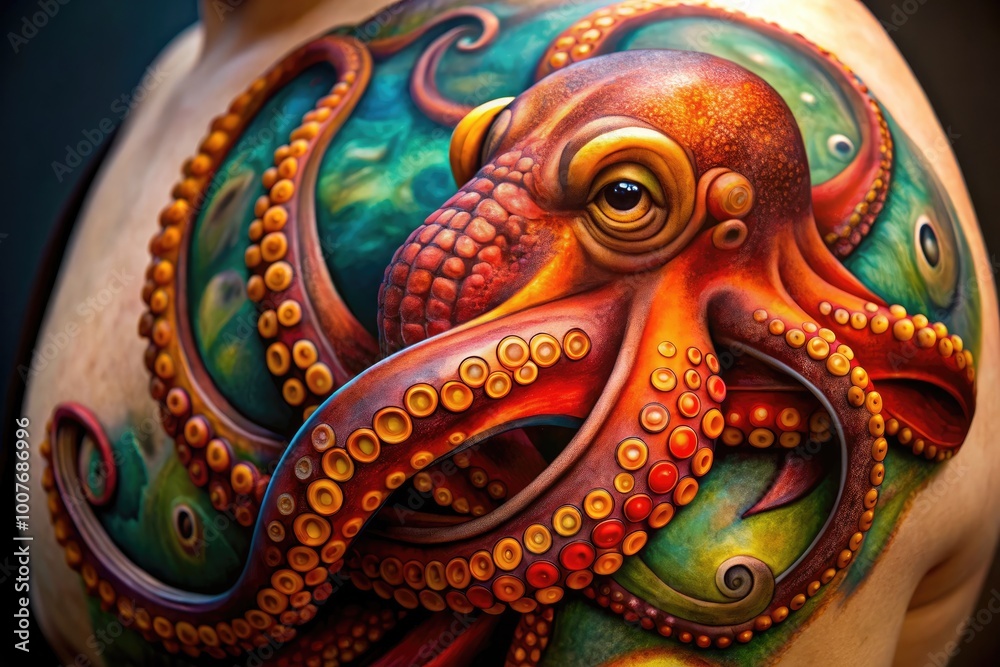 Realistic Octopus Tattoo Design Featuring Intricate Details and Vibrant Colors on Skin Canvas Realistic Octopus Tattoo Design Featuring Intricate Details and Vibrant Colors on Skin Canvas