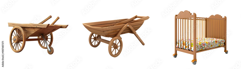 Obraz premium Wooden wheelbarrow and cradle set for gardening and baby furniture. Isolated on a transparent background