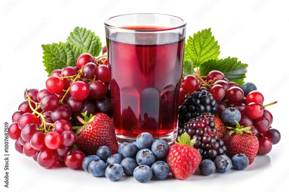 Refreshing Tasty Grape Juice in Glass Surrounded by Fresh Berries Isolated on White Background Refreshing Tasty Grape Juice in Glass Surrounded by Fresh Berries Isolated on White Background