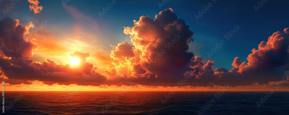 Stunning sunset over the ocean with colorful clouds and vibrant sky, creating a serene and tranquil atmosphere. Stunning sunset over the ocean with colorful clouds and vibrant sky, creating a serene and tranquil atmosphere.
