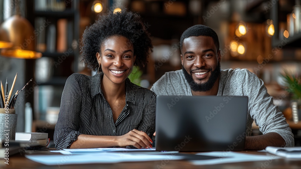 Happy Young Couple Working Together at a Laptop Happy Young Couple Working Together at a Laptop
