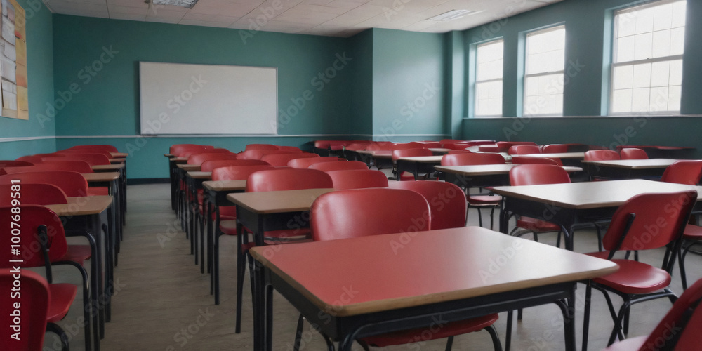 Empty Classroom with Red Desks Empty Classroom with Red Desks