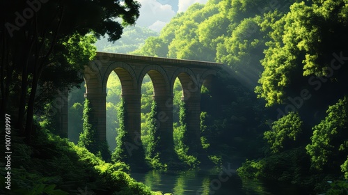 A picturesque stone bridge surrounded by lush greenery and soft light, creating a serene natural setting. photo