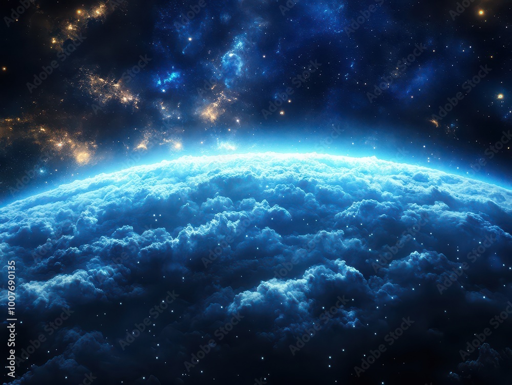 A stunning view of Earth from space, showcasing vibrant blue clouds against a cosmic backdrop. A stunning view of Earth from space, showcasing vibrant blue clouds against a cosmic backdrop.