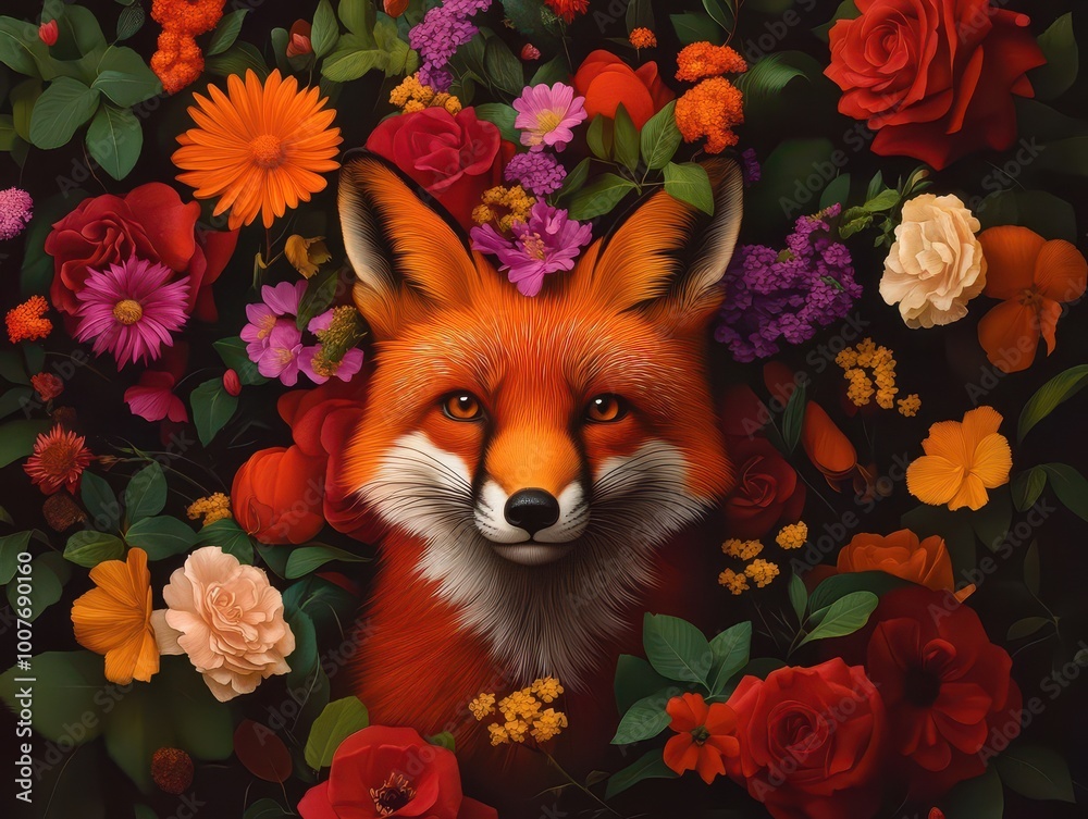 Fototapeta premium A vibrant fox surrounded by a colorful array of flowers, showcasing nature's beauty.