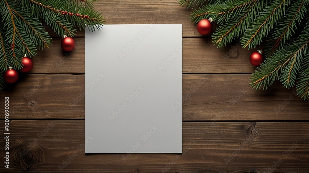 Obraz premium Greeting card christmas mockup with fir tree branches on dark wooden background