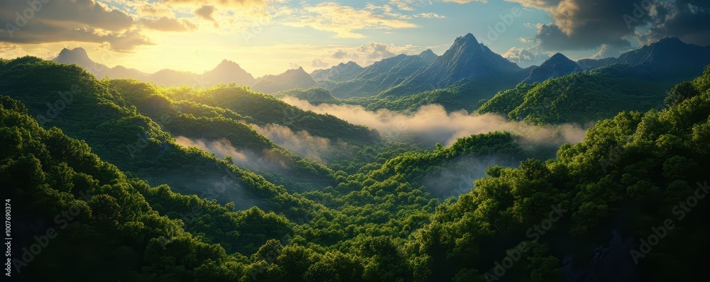 Naklejka premium Breathtaking mountain landscape with lush green valleys and misty clouds at sunset.