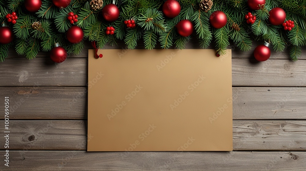 Obraz premium Greeting card christmas mockup with fir tree branches on dark wooden background