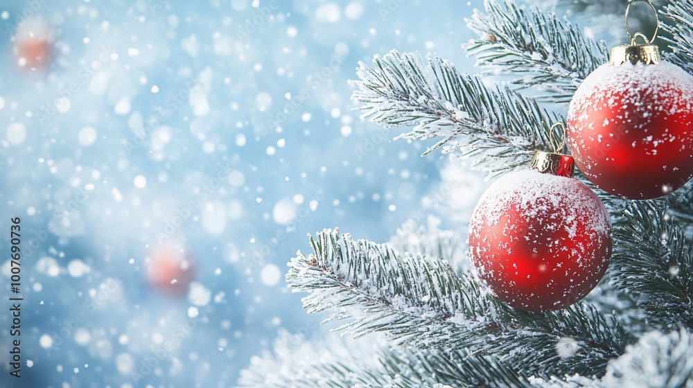 Red Christmas Ornaments on a Snow-Covered Pine Branch Red Christmas Ornaments on a Snow-Covered Pine Branch