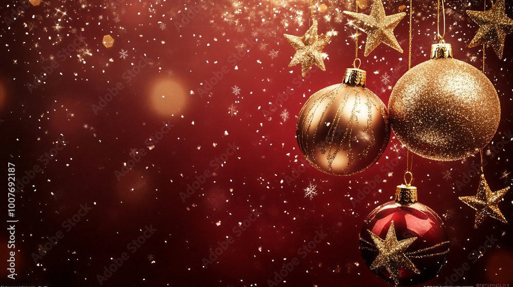 Gold Christmas ornaments on a red background with falling snowflakes. Gold Christmas ornaments on a red background with falling snowflakes.