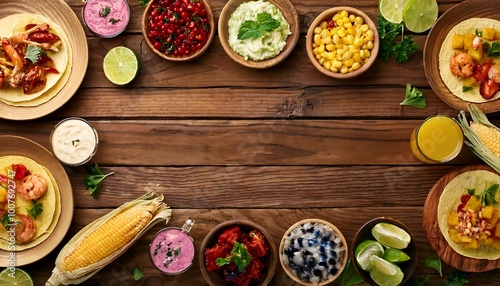 A vibrant summer spread with shrimp tacos, fresh sides, and drinks on a rustic wooden table. Generative AI