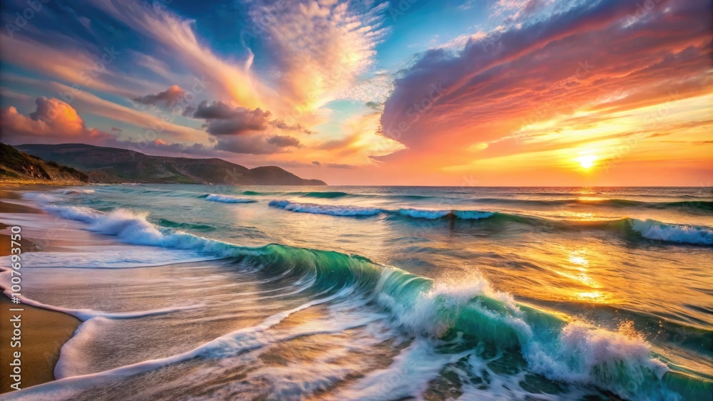Serene Long Exposure of Waves Gently Crashing on Azkorri Beach at Sunset in Soft Pastel Hues Serene Long Exposure of Waves Gently Crashing on Azkorri Beach at Sunset in Soft Pastel Hues