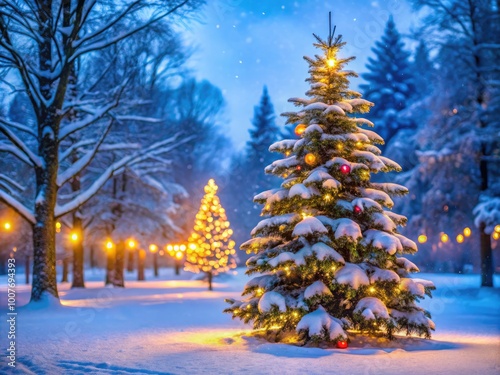 Serene Outdoor Christmas Tree in Snowy Park with Bokeh Background and Beautiful Blue Spruce