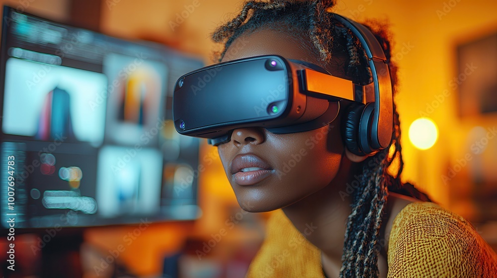 Young Woman Engaging with Virtual Reality Technology Young Woman Engaging with Virtual Reality Technology