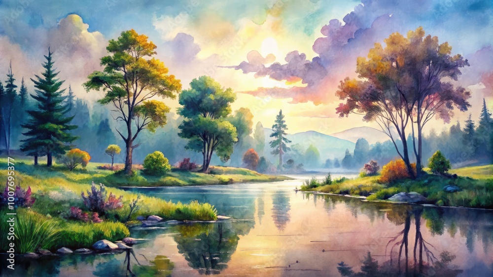 Obraz premium Serene Watercolor Abstract Landscape with Soft Hues and Gentle Brushstrokes Capturing Nature's Beauty