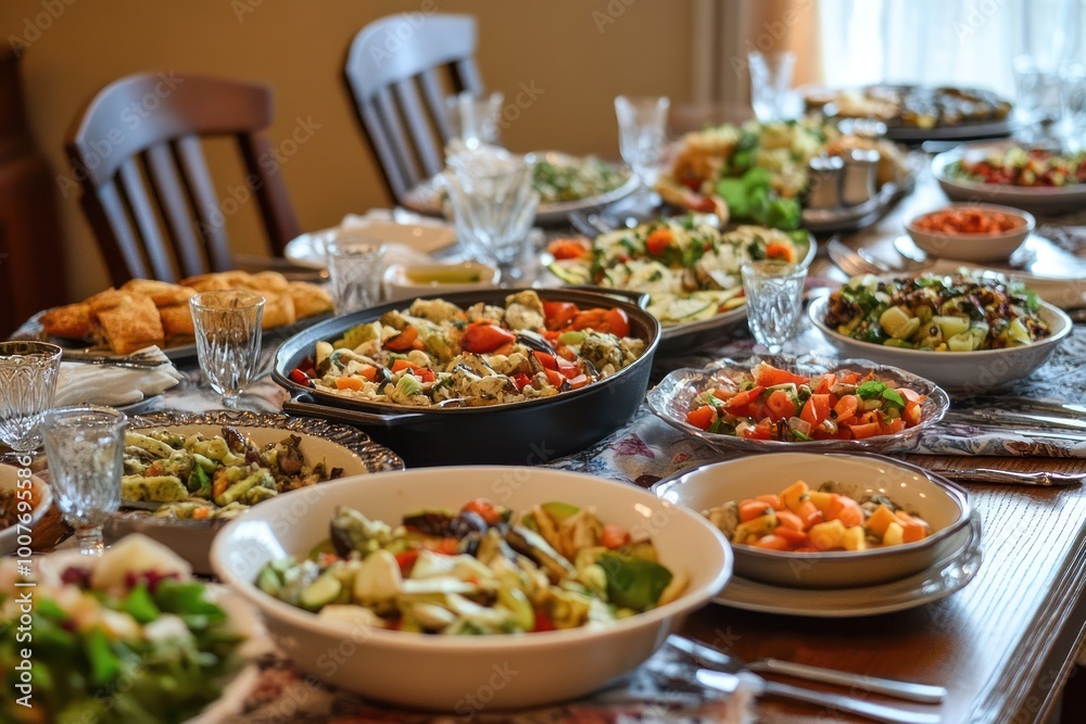 A table full of delicious food, including salads, vegetables, and a roasted chicken dish, is prepared for a dinner party. A table full of delicious food, including salads, vegetables, and a roasted chicken dish, is prepared for a dinner party.