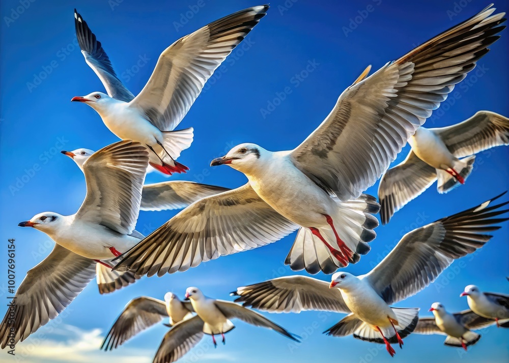 Fototapeta premium Serenity in Flight: A Group of Grey Birds Soaring Gracefully Against a Clear Blue Sky Background