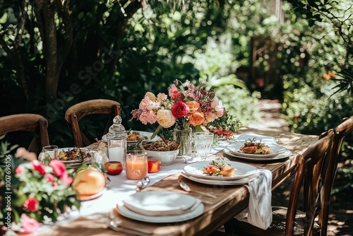 A table set for a summer dinner in a lush green garden, with  flowers in the center. photo