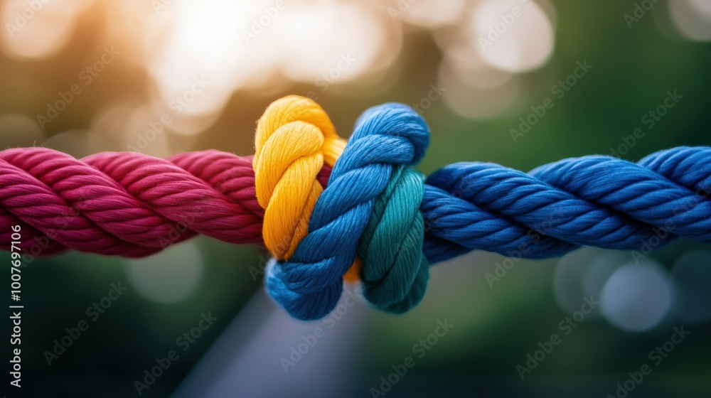 Fototapeta premium Colorful ropes intertwined in a knot against a blurred background.