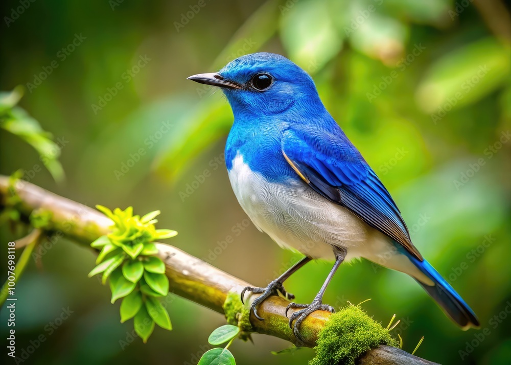 Small Blue and White Bird Perched on a Branch in Natural Habitat Surrounded by Lush Greenery Small Blue and White Bird Perched on a Branch in Natural Habitat Surrounded by Lush Greenery