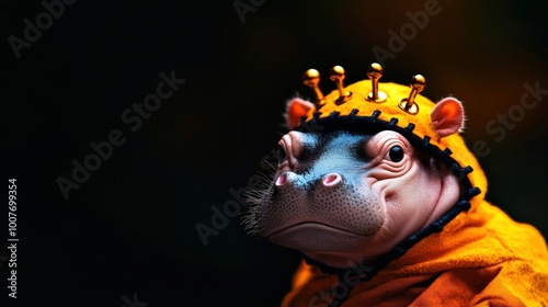 Hippo wearing an orange crown and costume against a dark background. photo