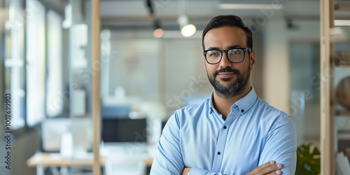 Confident Middle Eastern man in a light blue shirt and glasses, standing with arms crossed in a modern office setting