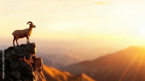 Mountain goat standing on a rocky ledge during a beautiful sunset. photo