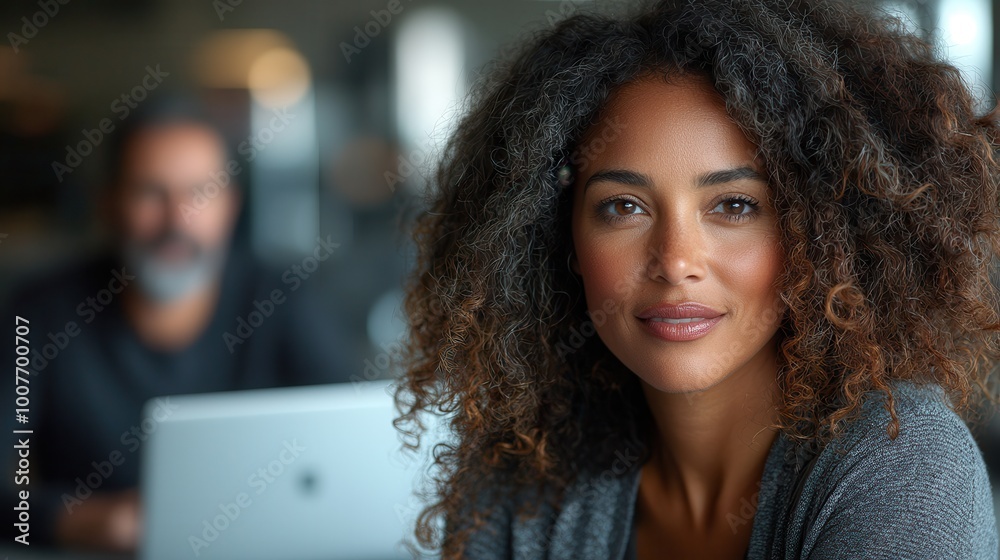Confident Woman Smiling in Modern Office Setting