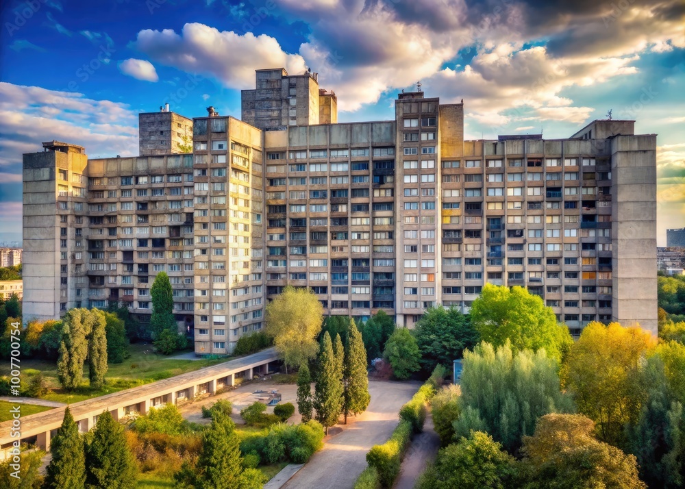 Naklejka premium Striking Communist Architecture Showcasing Brutalist Design and Urban Landscape in Eastern Europe