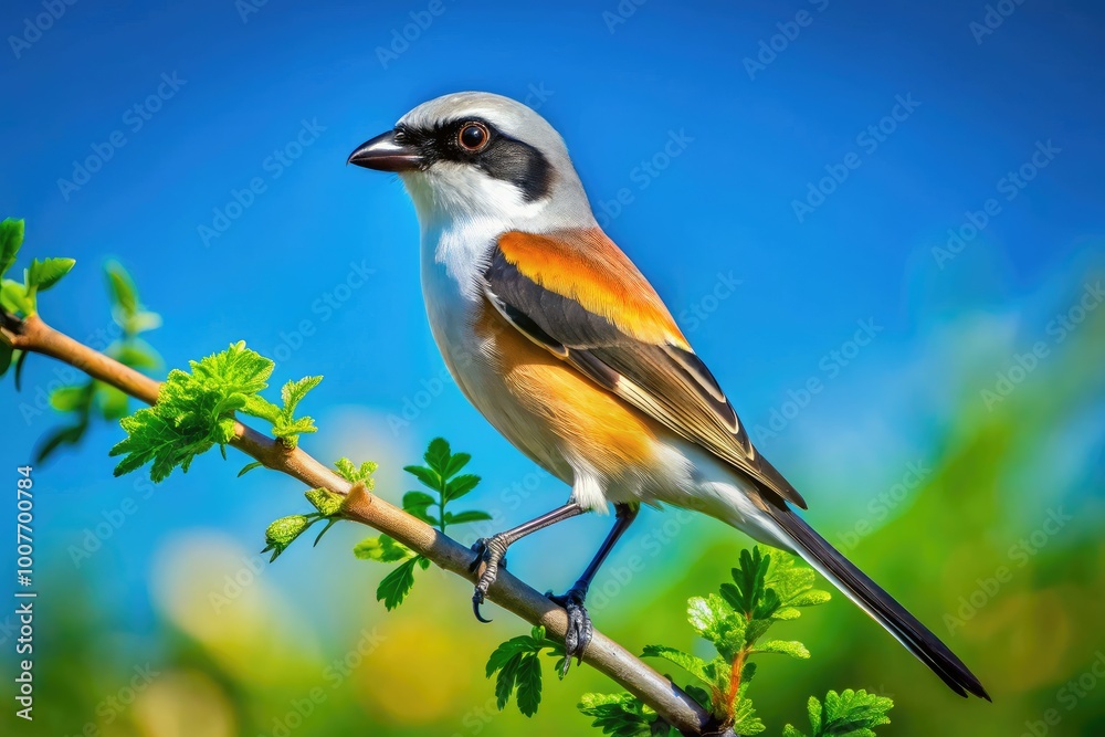 Striking Shirke Bird Perched on Branch in Lush Green Environment Under Bright Blue Sky Striking Shirke Bird Perched on Branch in Lush Green Environment Under Bright Blue Sky