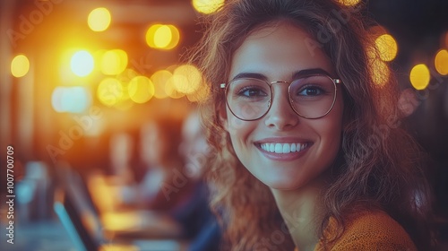 Happy Young Woman with Glasses in Coffee Shop