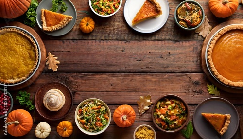 A lovely aerial view of a harvest feast with pot pie, soups, and autumn desserts on a rustic wooden table photo