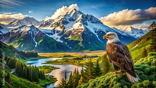 Stunning Alaska Wildlife: Majestic Bird Perched Amongst Lush Greenery in Breathtaking Landscape